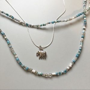 Silver Elephant Pendant and Beaded Necklace Set